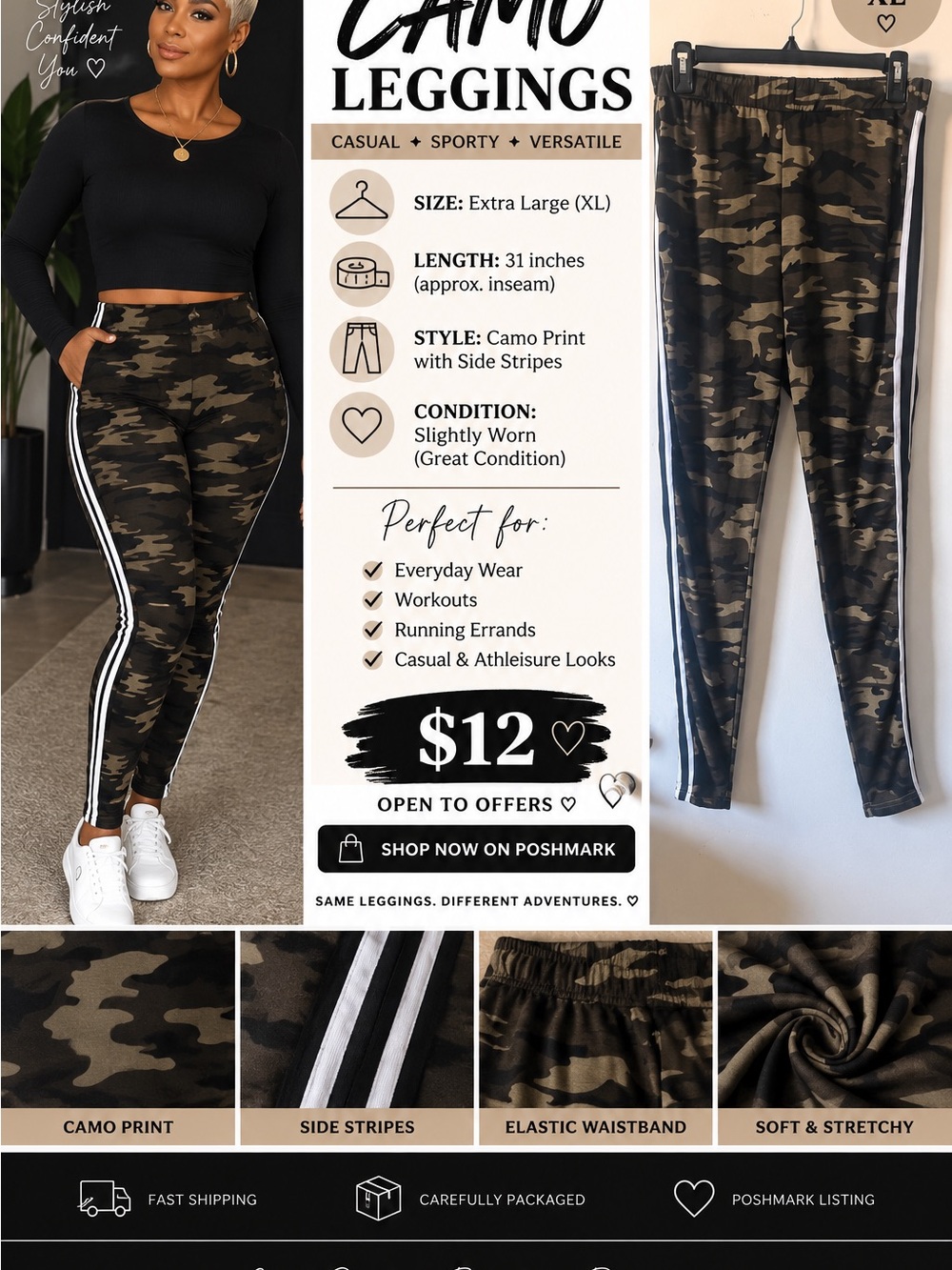 Camo Print Kids Leggings with Side Stripes - Olive Green